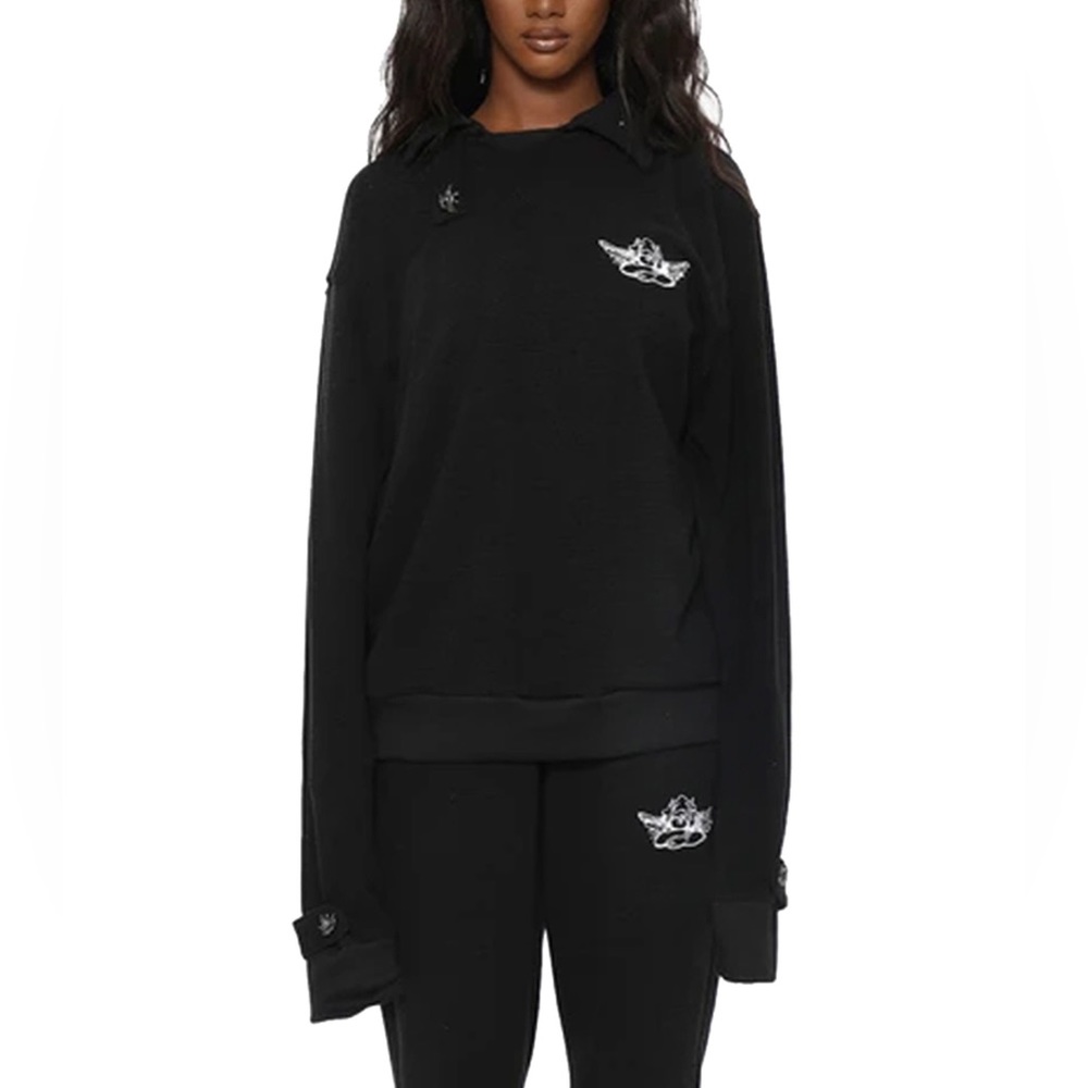 BOYS LIE Petty Hoodie Black One Size OS Oversized Angel Buttons Embroidery